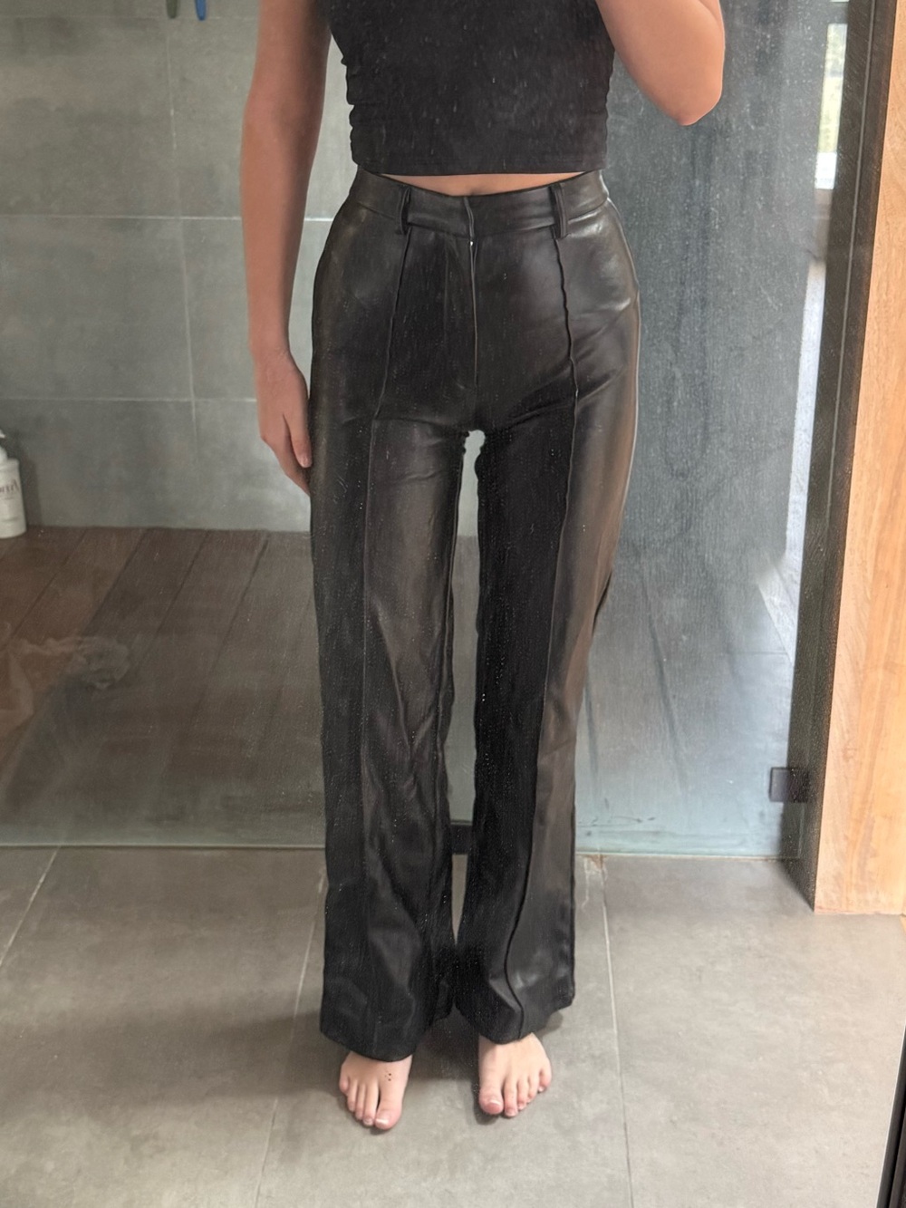 High-Rise Black Faux Leather Wide-Leg Pants